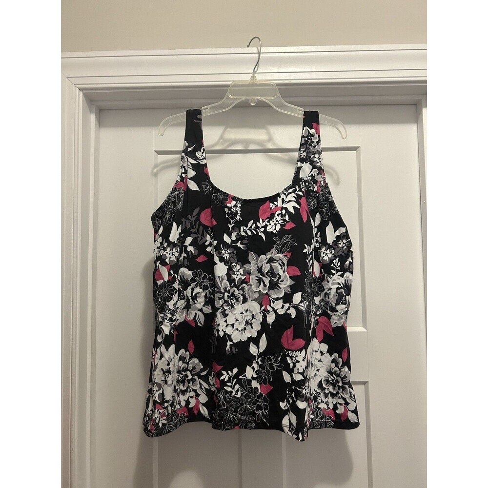 SWIMSUITS FOR ALL Size 24 Tankini Top Inner Bra Adjustable Straps Black Floral